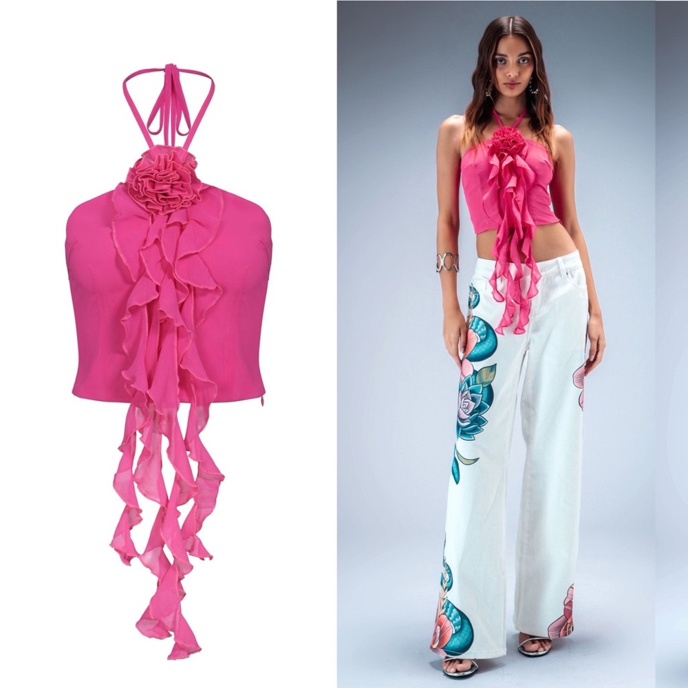 NWT The Kript Rosette Pink Halter Top with Ruffle Detail Sz XL